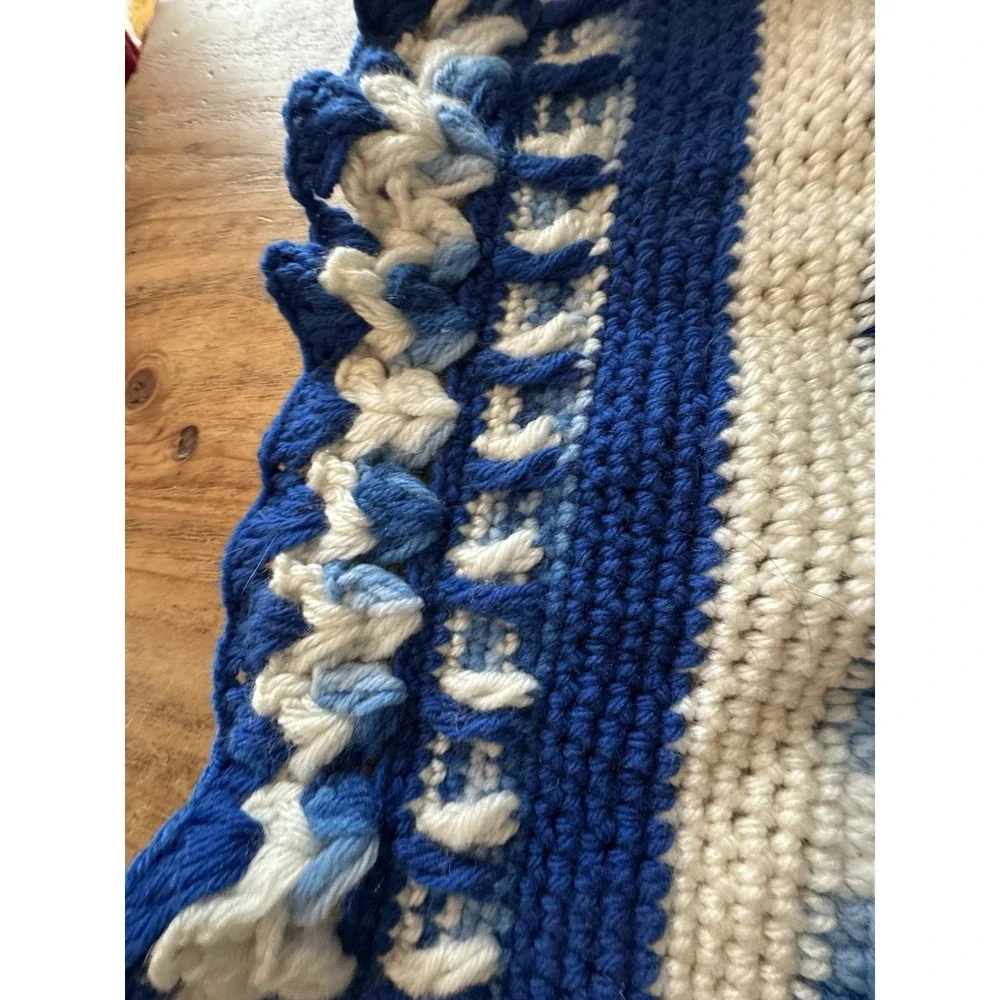 Handmade Crochet Afghan Throw Blue White Artisan Ruffle Shell Border 60 X 72